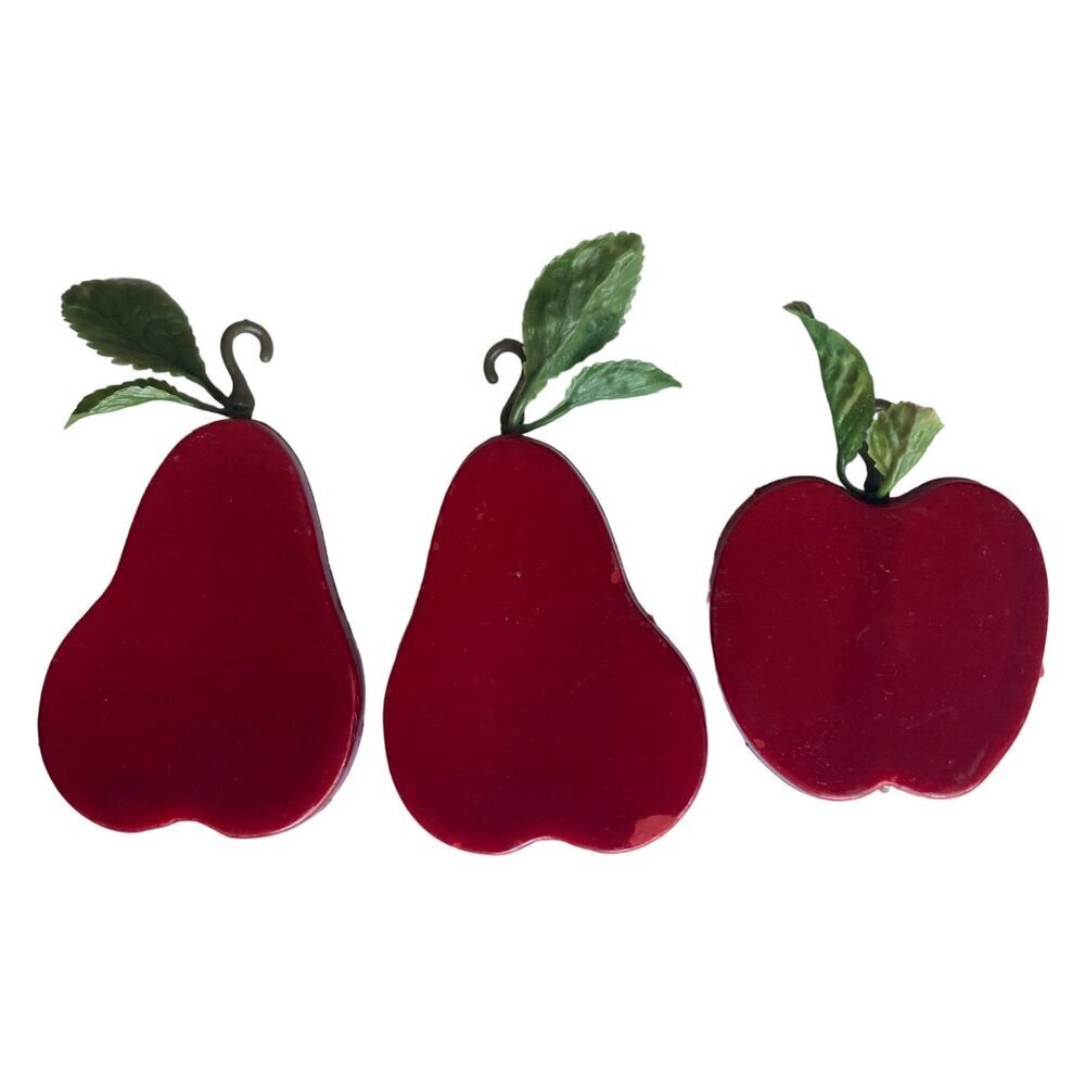 Vintage Red Fruit Ornaments Apple Pear Lot of 3 Plastic Large 3" Christmas Decor